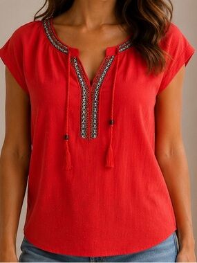 DR2 Red Tassel Embroidered V-Neck Blouse